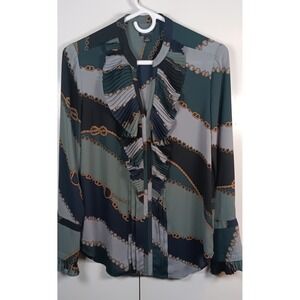 Ann Taylor womens blouse shirt XS chain Print Ruffle old money quiet luxury chic